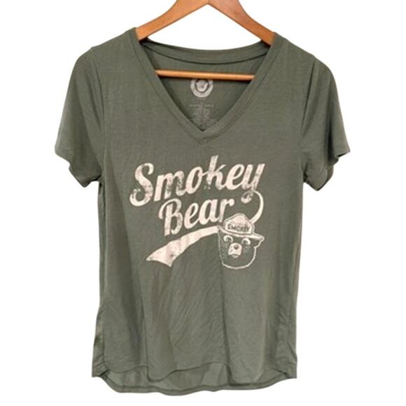 Smokey Bear Women’s V-Neck Graphic T-Shirt Sage Green Basic Outdoors Smoky Bear - Picture 1 of 5